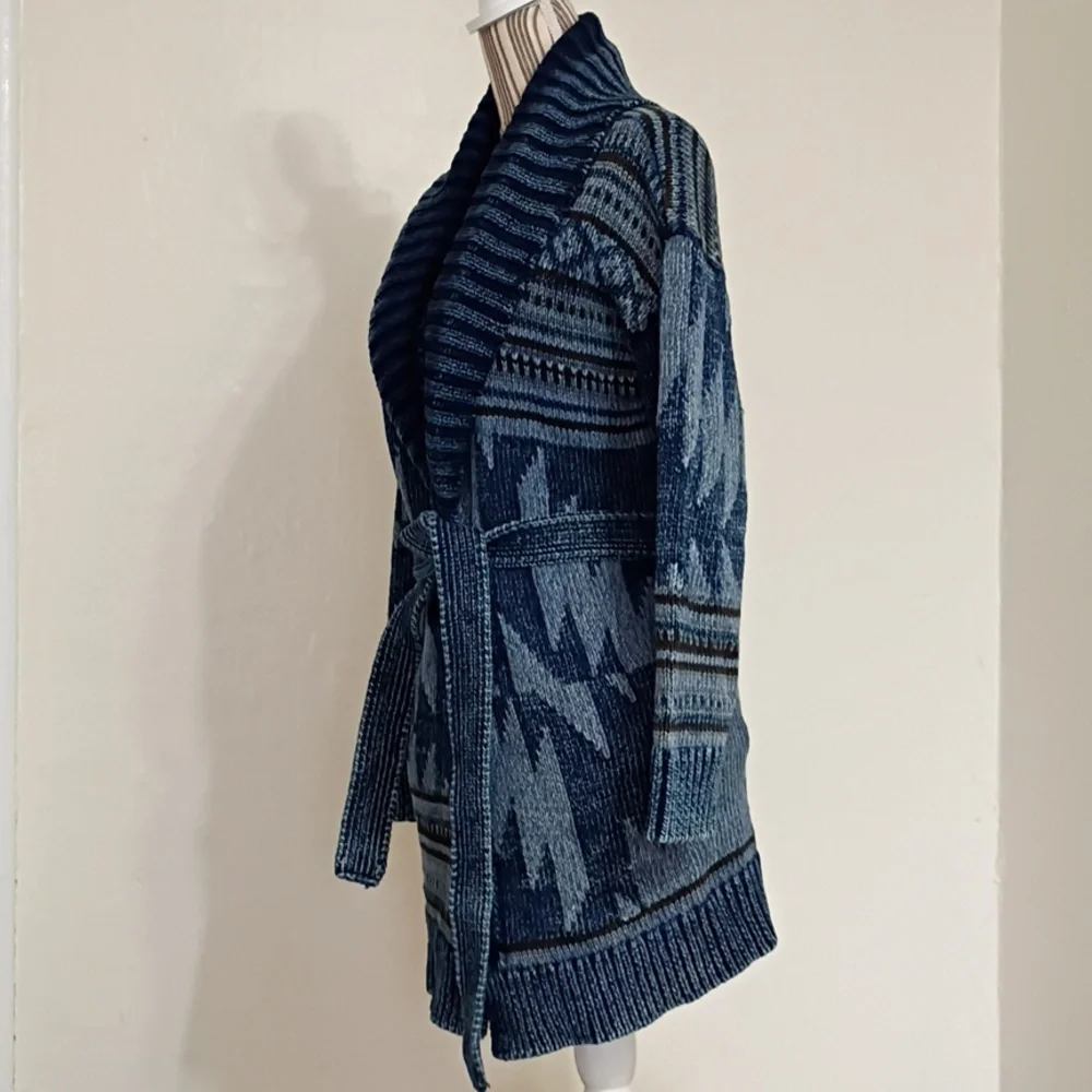 Lucky Brand Blue Heavy Knit Nordic Belted Cardigan Sweater Jacket Size M NWT - Picture 2 of 11